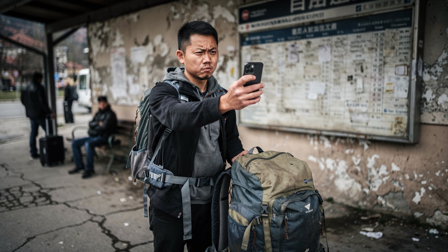 一名中国背包客在波黑萨拉热窝的巴士站，焦急地查看手机，显示无服务或网络连接失败的图标，旁边是她的行李。