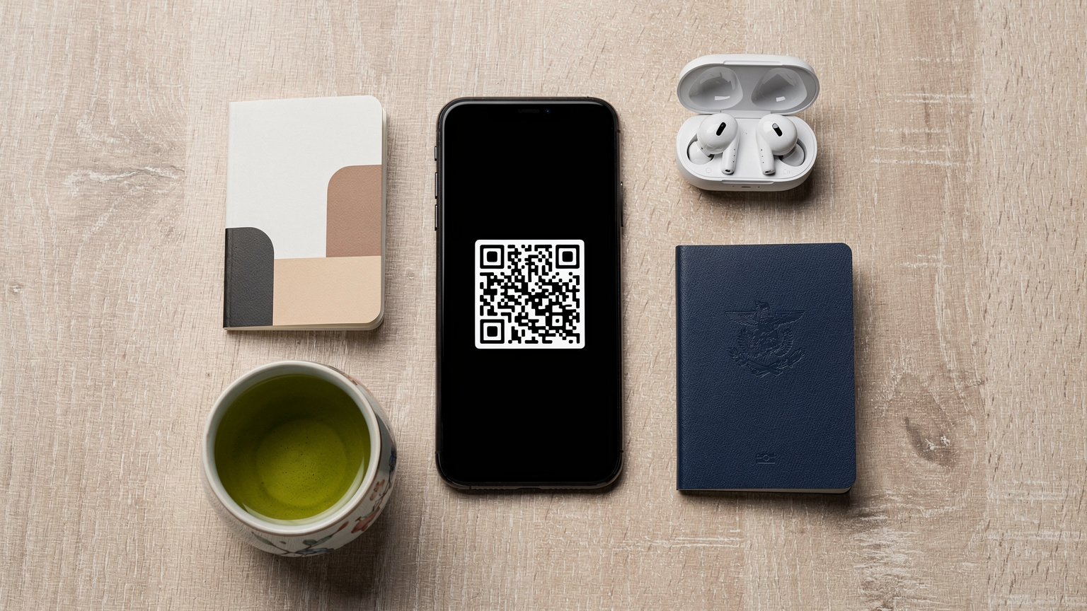 An overhead flat-lay composition of travel essentials for Japan: a smartphone displaying an eSIM QR code, a Japanese phrasebook, a passport, and a traditional Japanese tea cup.