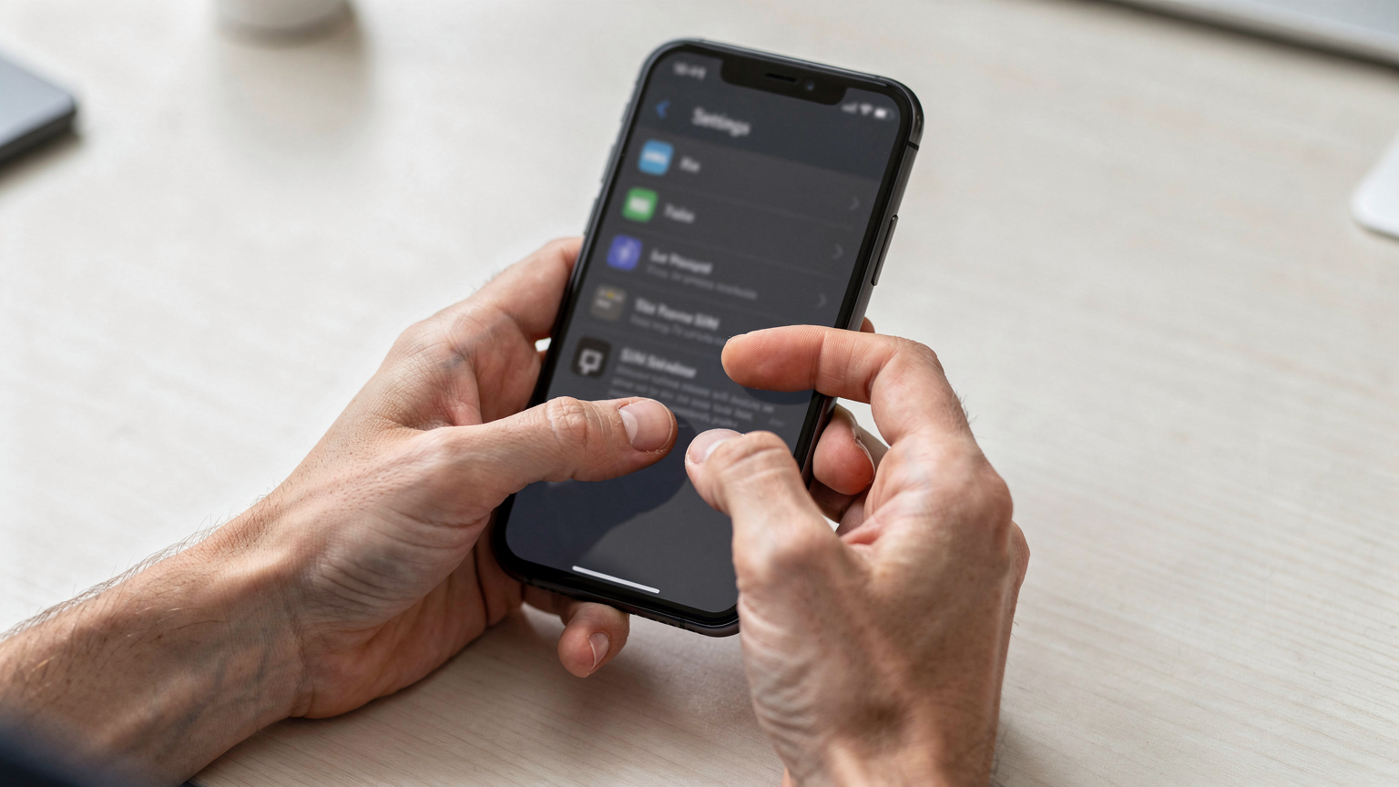 A person's hands operating a smartphone, navigating through the settings menu to configure an eSIM profile.