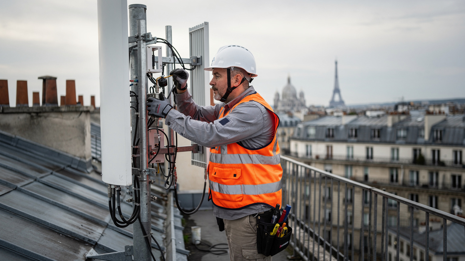 Un ingénieur télécom ajuste un équipement réseau sur un toit parisien, symbolisant les efforts pour renforcer la capacité avant les Jeux Olympiques.