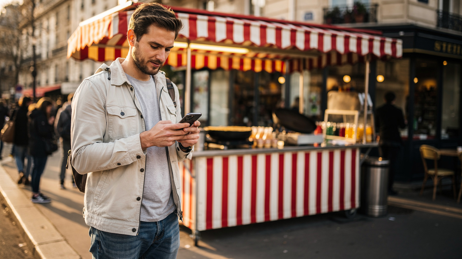 Un voyageur consulte son smartphone devant un stand de crêpes parisien, comparant les différentes options eSIM pour les JO.