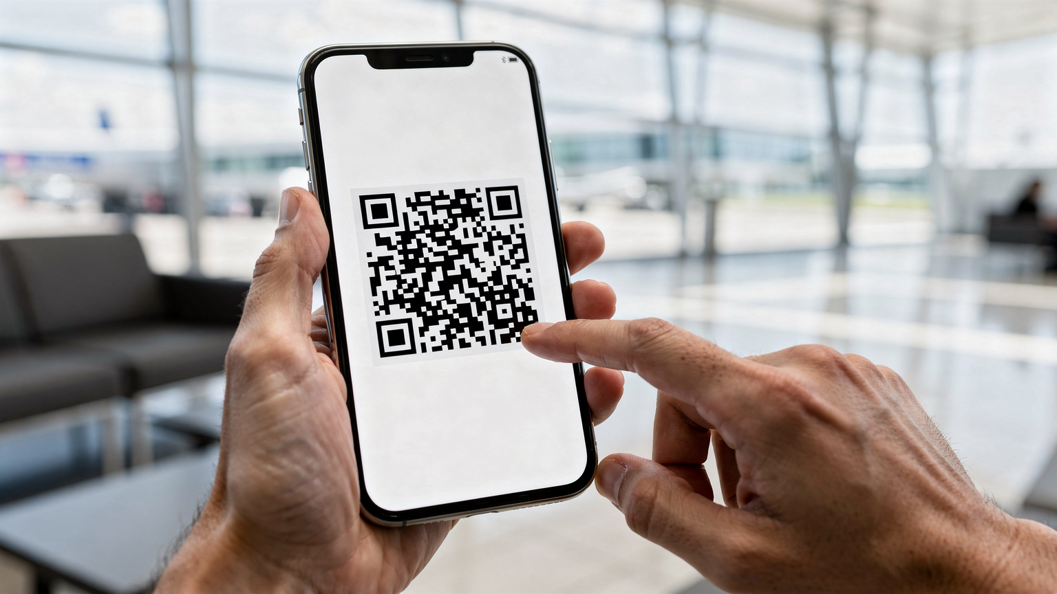 Une main tient un smartphone affichant un QR code d'activation eSIM, simplifiant l'accès à internet pour les voyageurs.