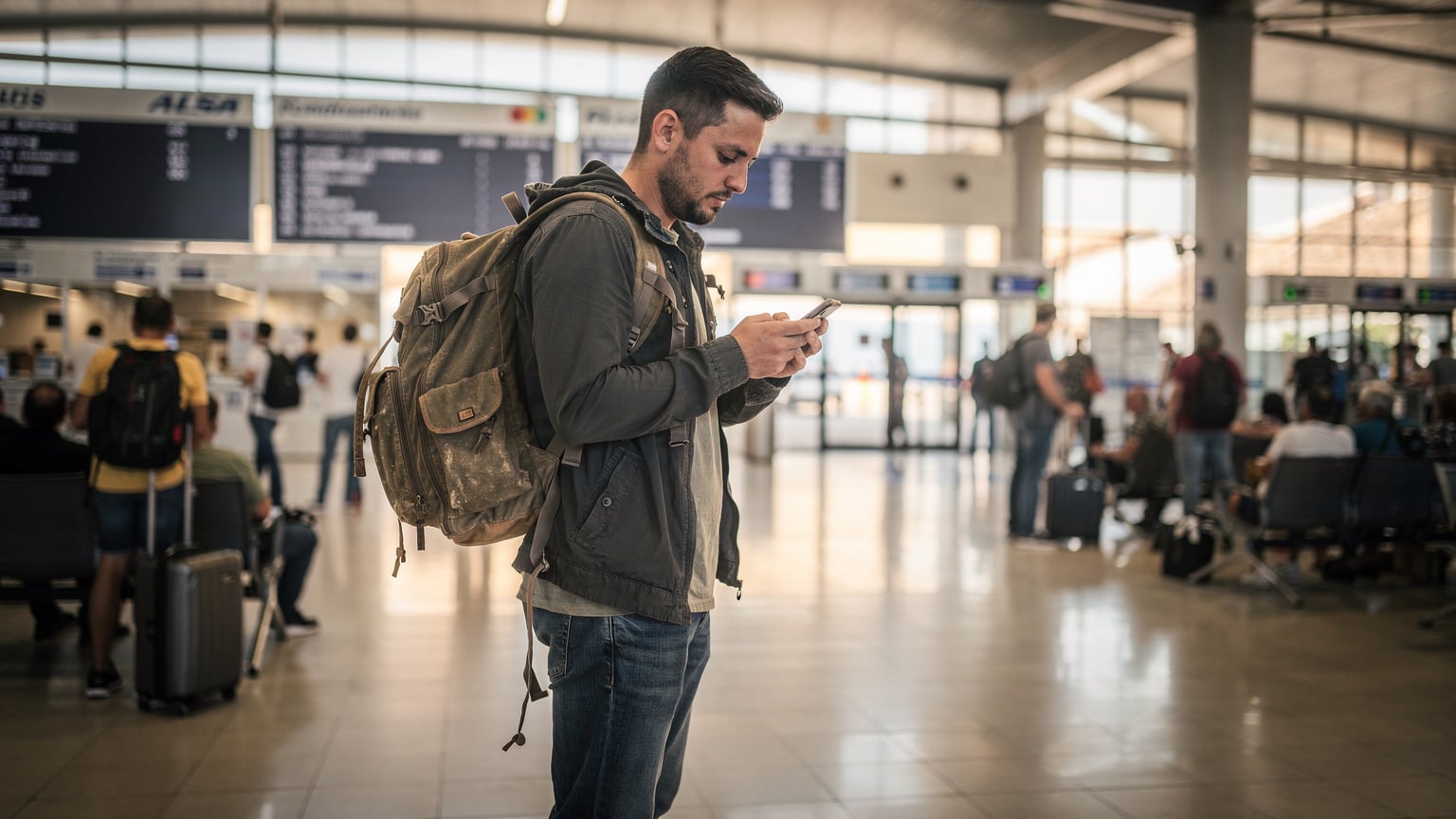 Un viajero con su mochila a la espalda, revisa su teléfono en la terminal de autobuses de Sevilla Plaza de Armas, antes de abordar un autobús ALSA o FlixBus con destino a Portugal.