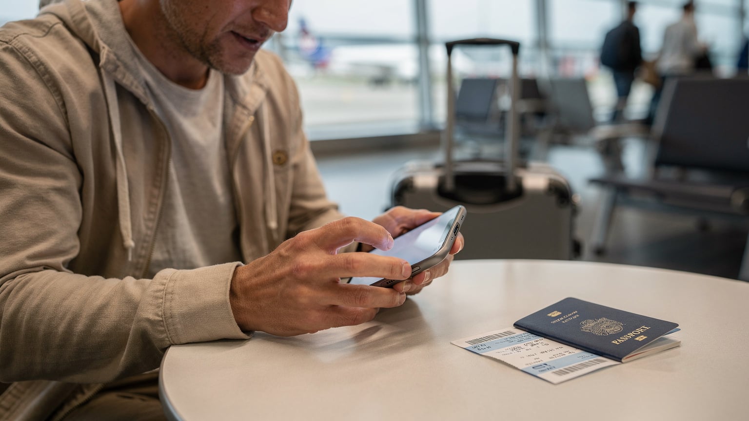 Una persona concentrada, con un pasaporte abierto y una tarjeta de embarque, instala una eSIM en su smartphone antes de abordar un vuelo internacional.