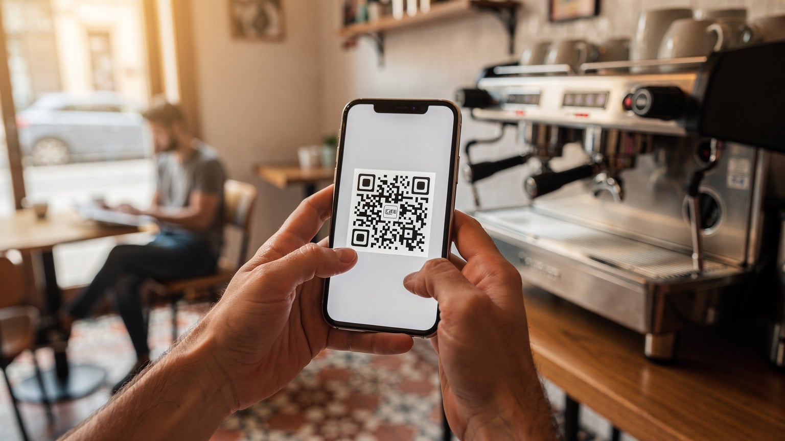 Unas manos sostienen un smartphone mostrando el proceso de escaneo de un código QR para activar una eSIM, con un fondo ligeramente desenfocado de un café moderno en el barrio de Gràcia en Barcelona.