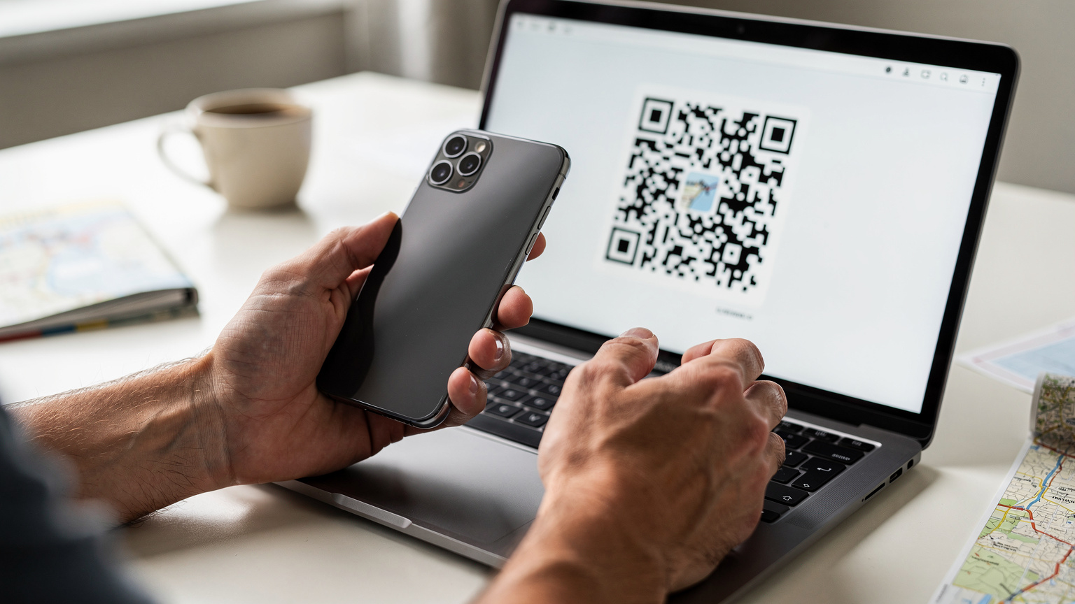 Nahaufnahme von Händen, die einen QR-Code auf einem Laptop-Bildschirm scannen, um eine eSIM auf einem Smartphone zu aktivieren.