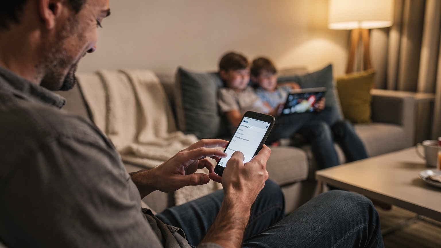 Eltern konfigurieren eine eSIM auf einem Smartphone, während ihre Kinder im Hintergrund auf einem Tablet entspannt offline-Filme schauen.