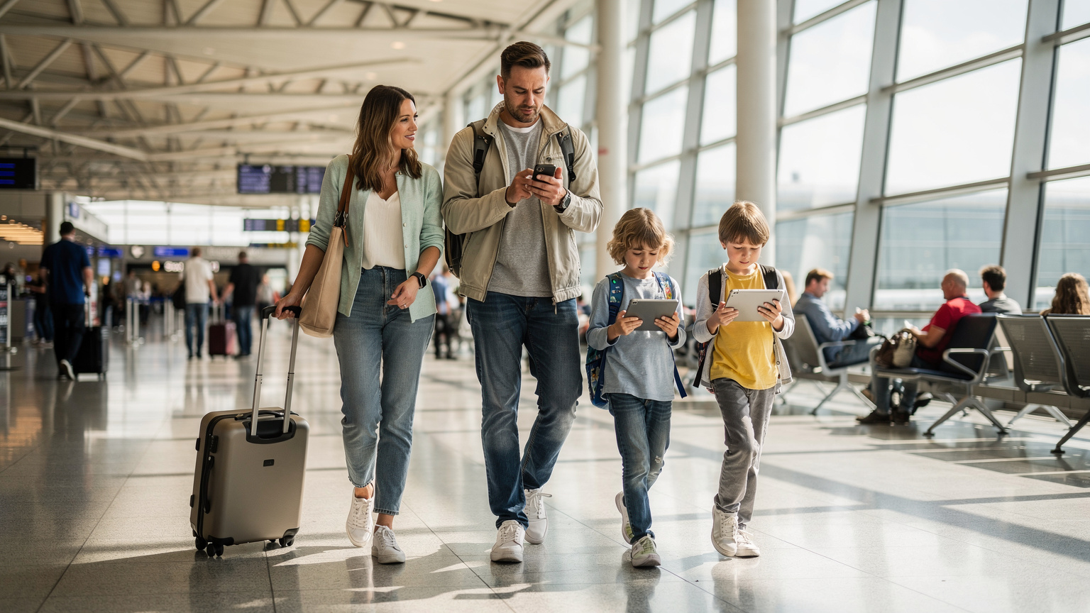 Eine Familie, bestehend aus Eltern und zwei Kindern, navigiert am Flughafen Heathrow mit einem Smartphone, während die Kinder auf ihren Tablets spielen.