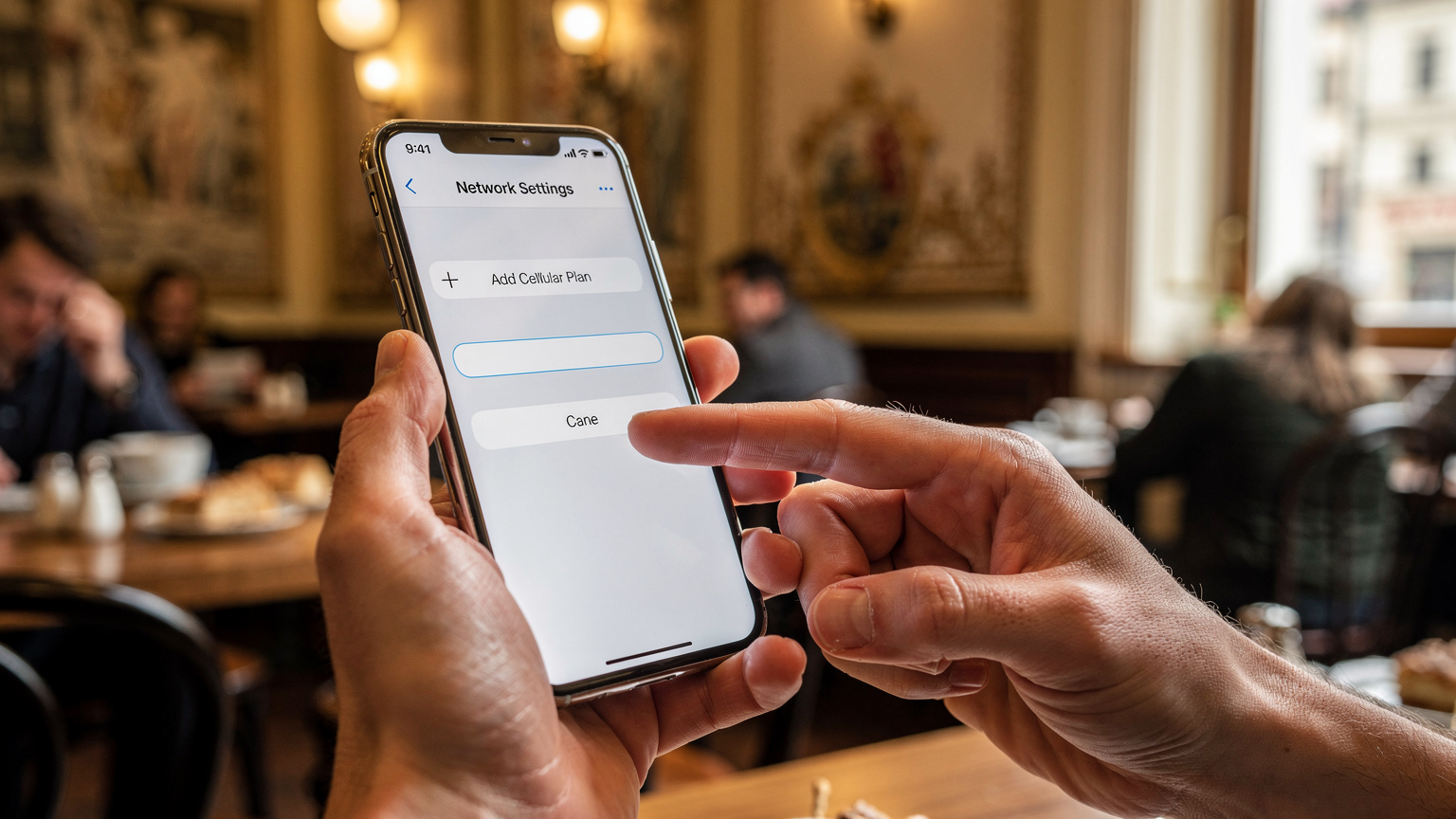 Gros plan sur des mains tenant un smartphone affichant les réglages réseau, avec l'option 'Ajouter un forfait cellulaire' mise en évidence, sur fond de café animé à Prague.