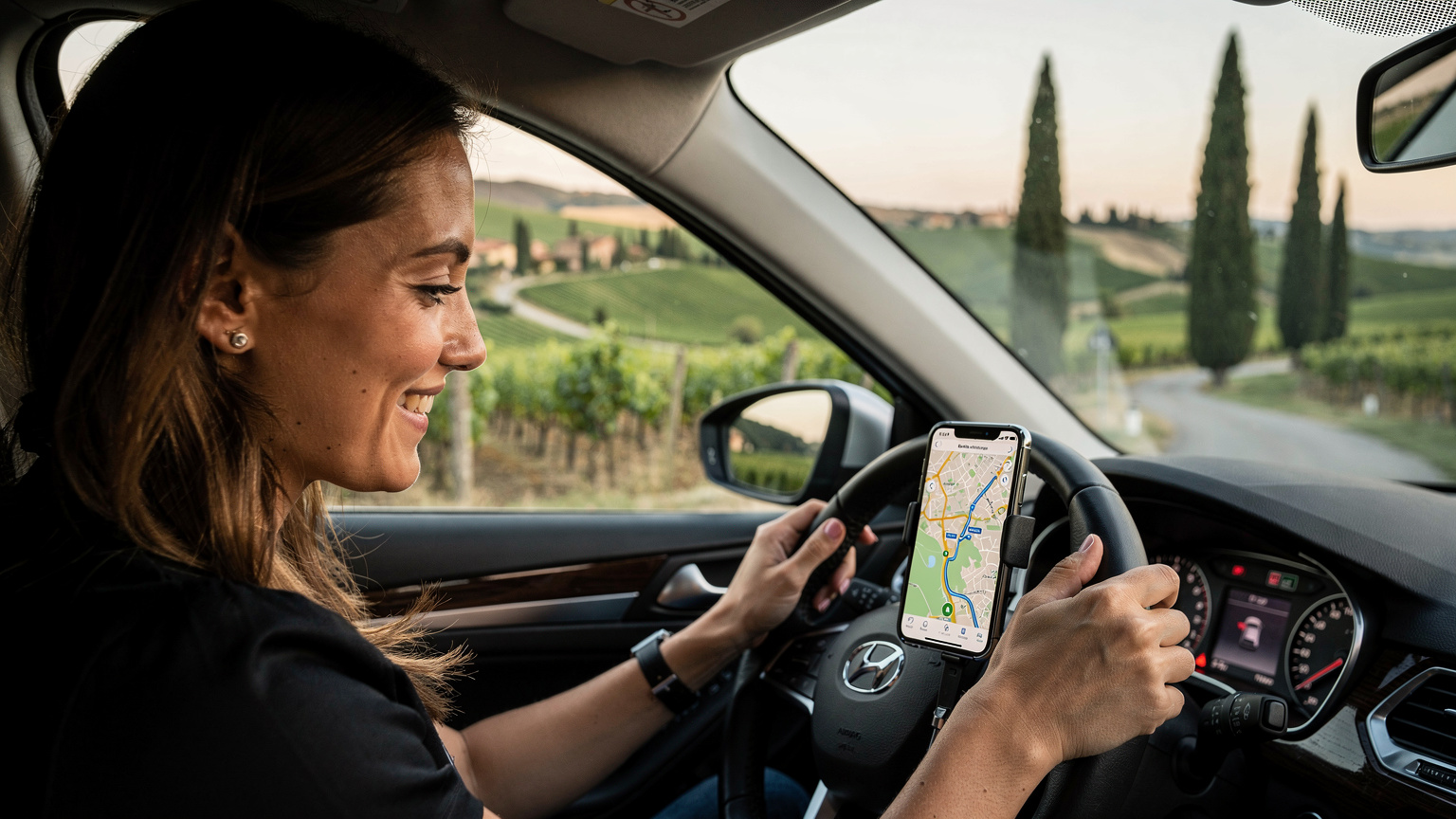 Une femme au volant d'une voiture, souriant en regardant son smartphone affichant une carte GPS, avec en arrière-plan une vue panoramique des collines verdoyantes de la Toscane et des cyprès.