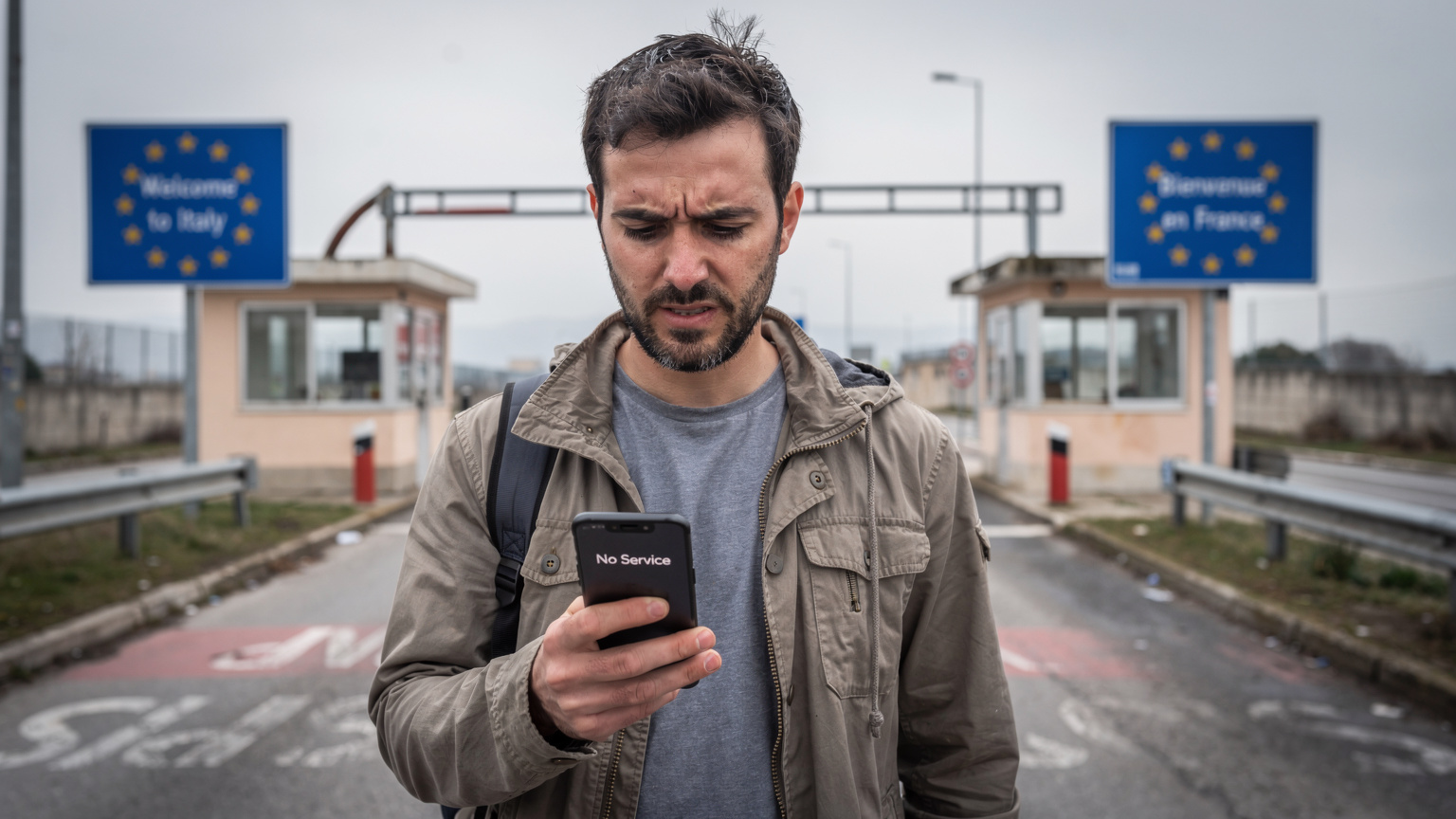 Un voyageur regarde son téléphone affichant 'Aucun service' avec une expression de frustration, debout devant un poste frontière européen désert avec des panneaux indiquant deux pays différents.