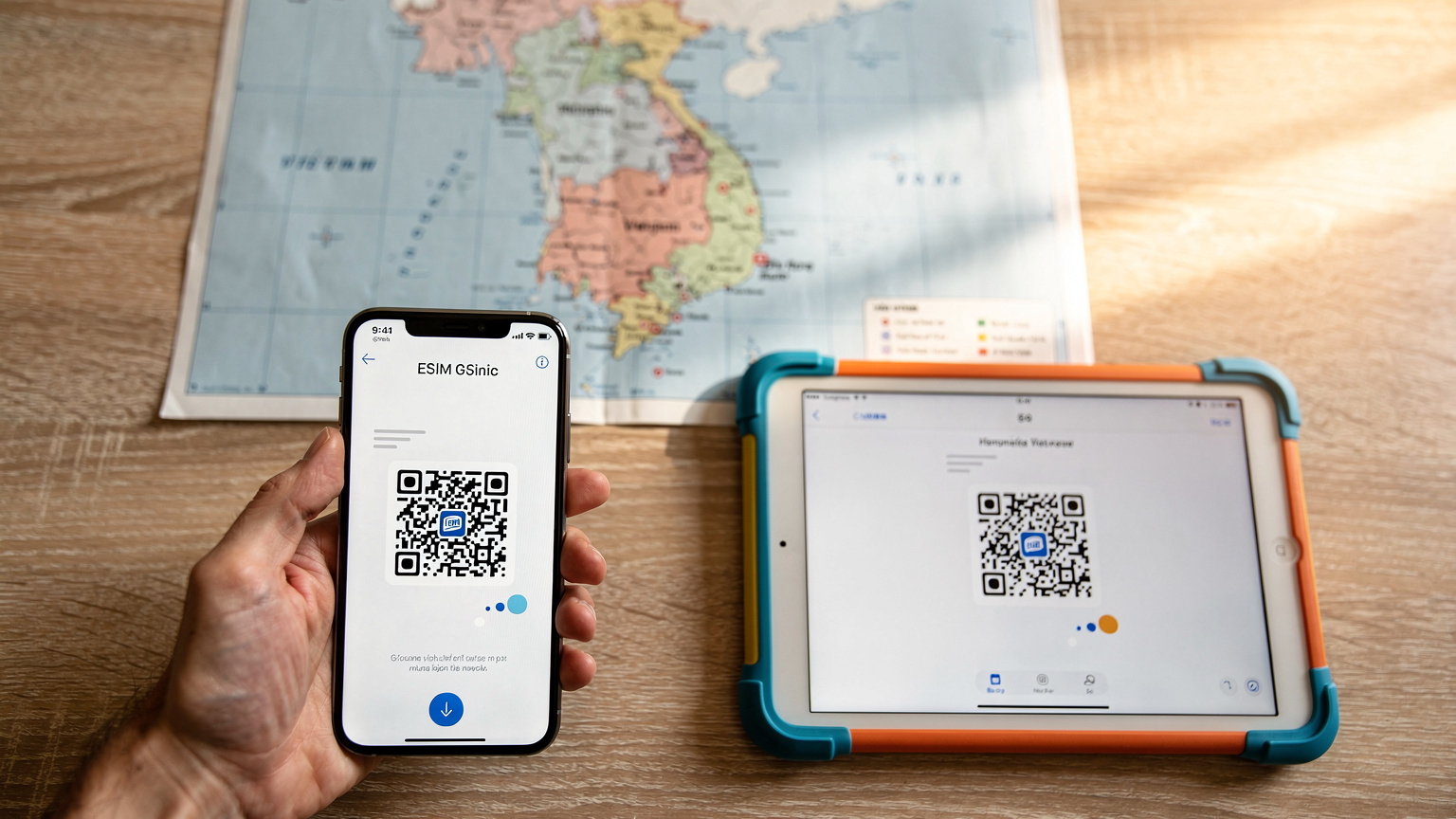 Một bàn tay đang cầm điện thoại thông minh, hiển thị màn hình cài đặt eSIM với mã QR code, bên cạnh là một chiếc iPad cũng đang được cài đặt tương tự, trên nền một bản đồ du lịch Việt Nam.