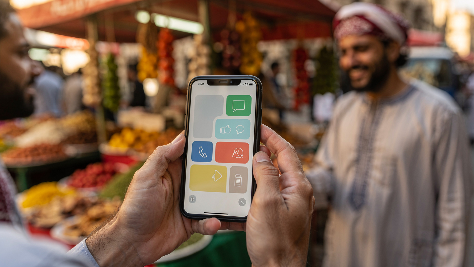 Un primo piano di mani che tengono uno smartphone con un'app di traduzione aperta, mentre una persona interagisce con un venditore di cibo di strada egiziano sullo sfondo.