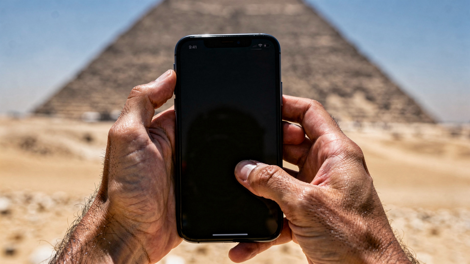 Un primo piano delle mani di una persona che tiene uno smartphone mentre scorre un'app di viaggio, con lo sfondo sfocato delle Piramidi di Giza sotto il cielo blu.