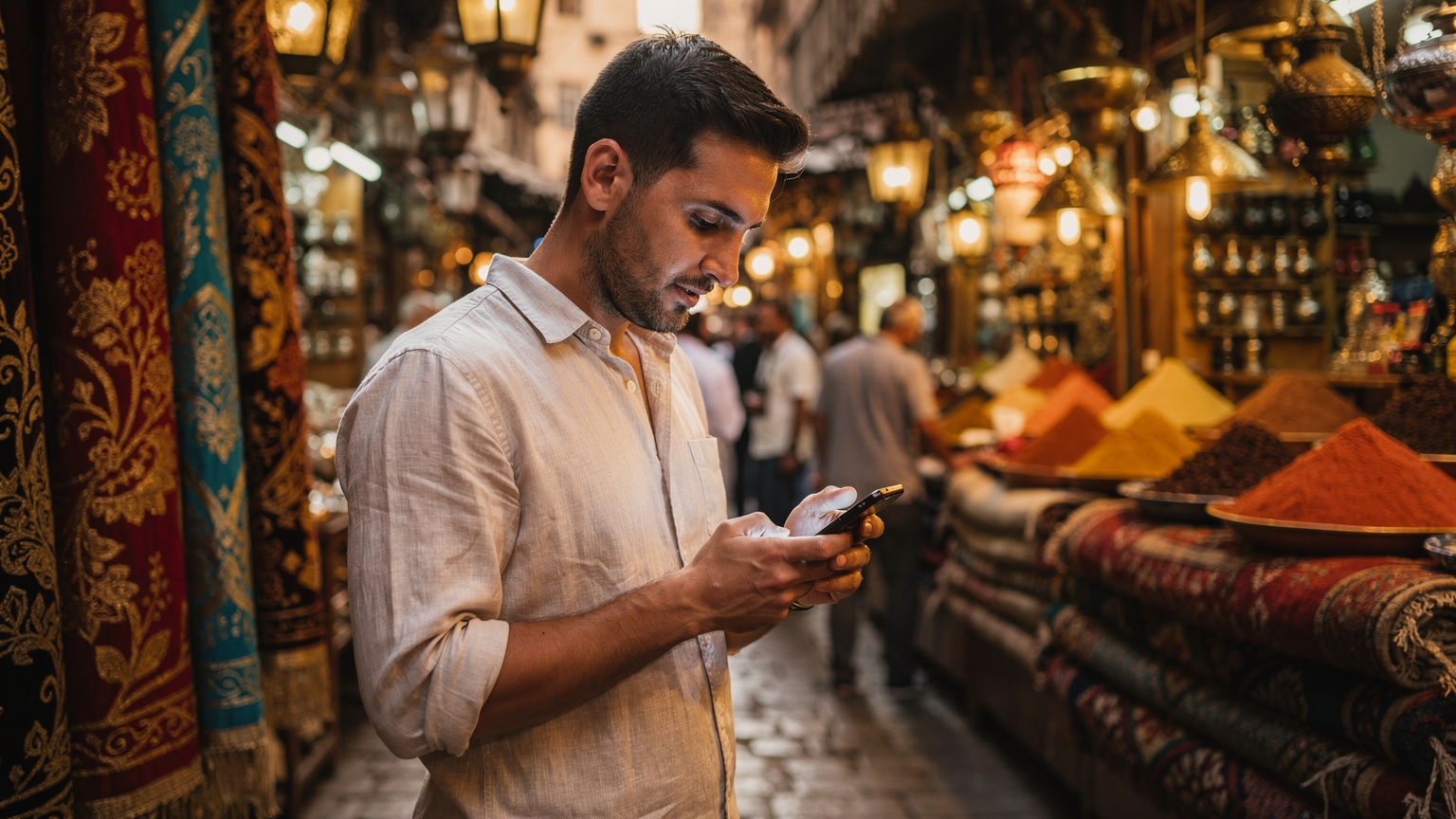 Un viaggiatore guarda il suo smartphone con un'espressione di concentrazione, mentre si trova in un souk egiziano affollato e vibrante, con luci calde e merci esposte.