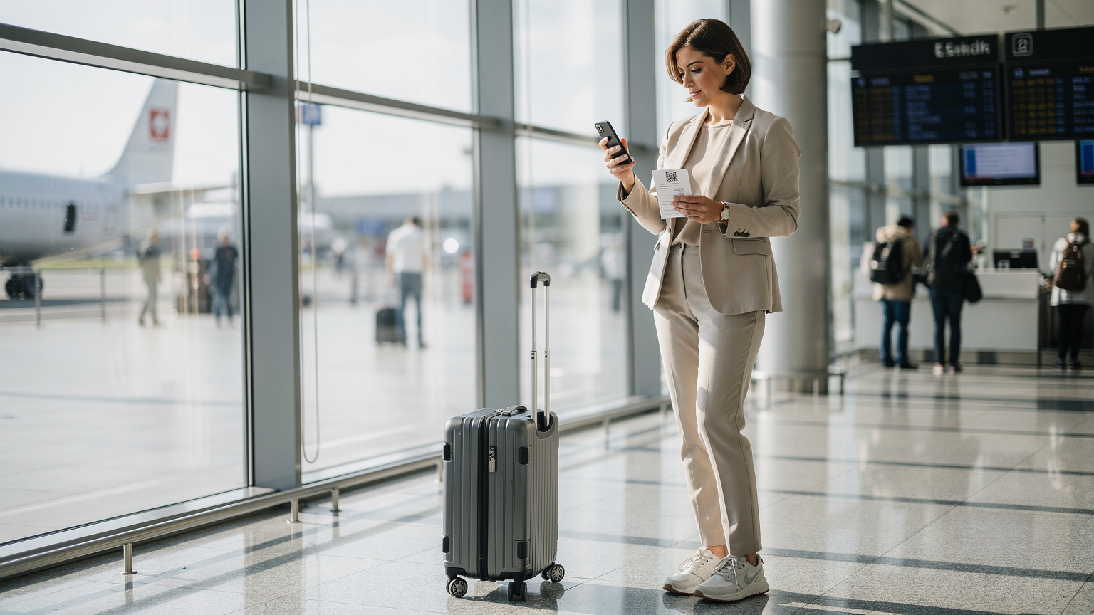 Uma mulher em um aeroporto movimentado, escaneando um QR code em seu smartphone para ativar um eSIM, com sua bagagem de mão ao lado.