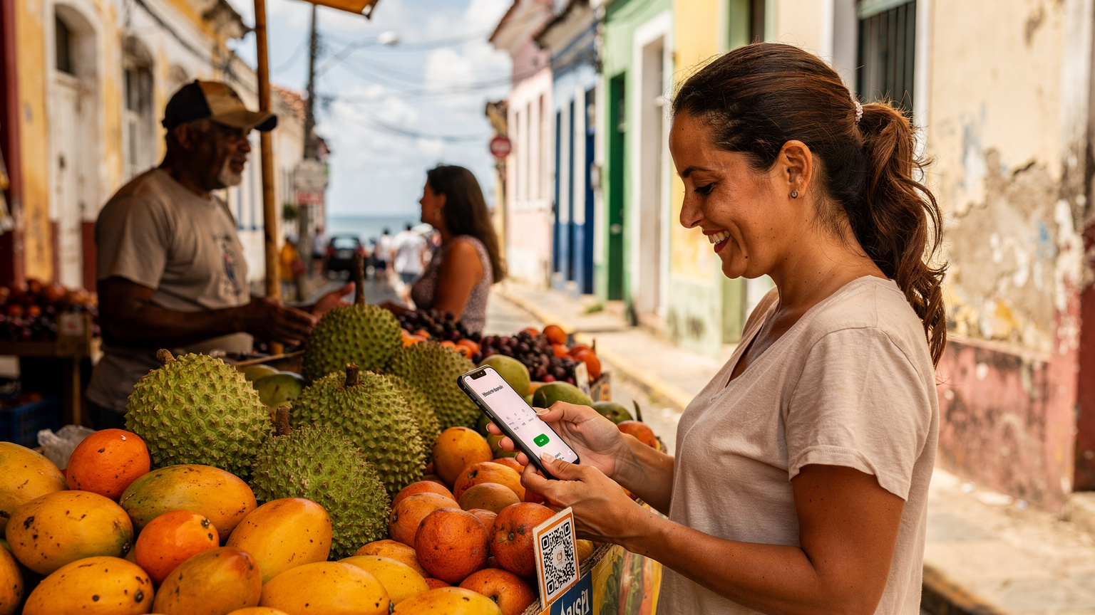 Uma mulher em um mercado vibrante em Salvador, Bahia, usando um smartphone para fazer um pagamento por QR code em uma barraca de frutas tropicais.