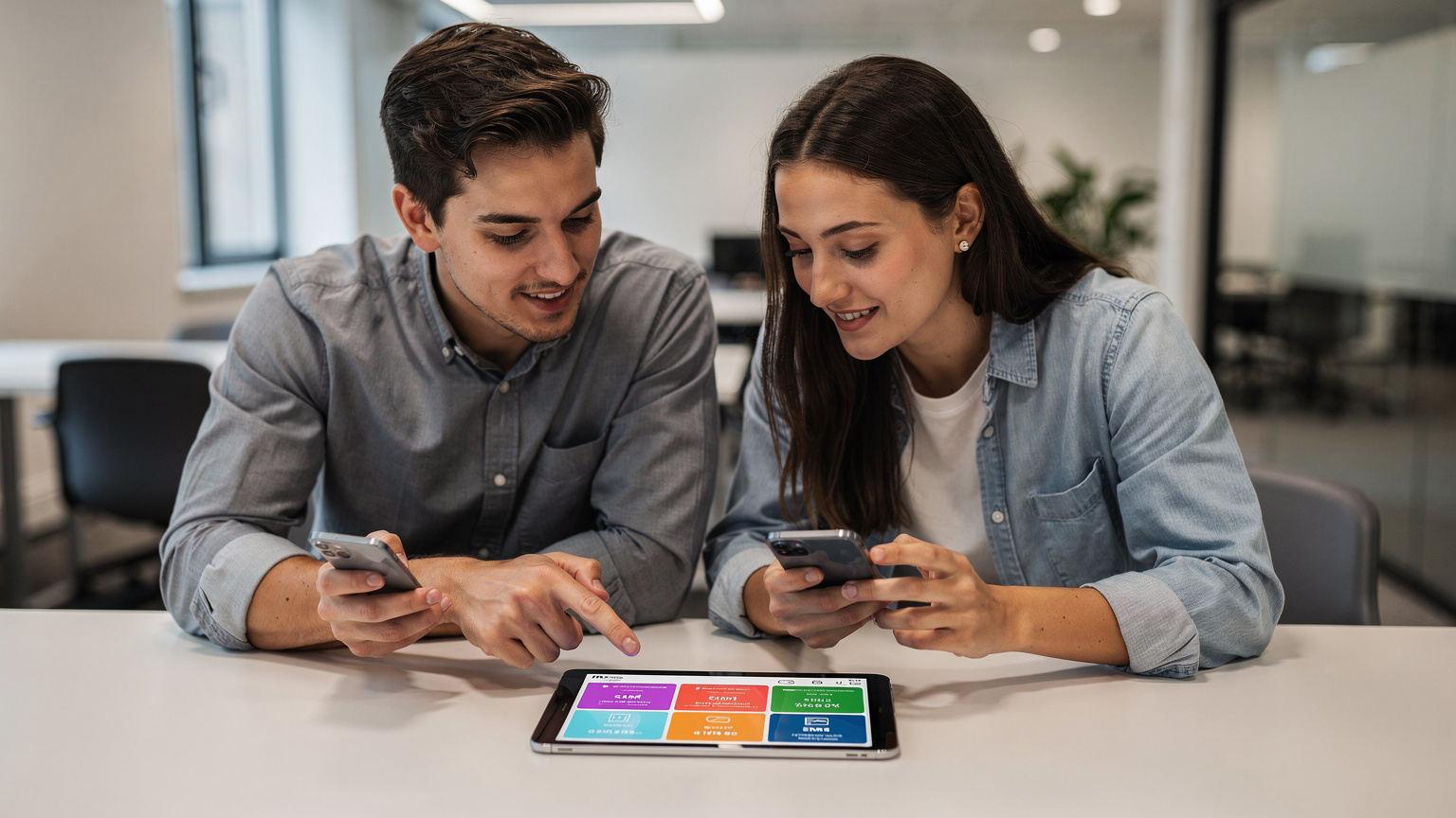 Duas pessoas, um homem e uma mulher, lado a lado, ambos olhando para seus smartphones e comparando informações em um tablet sobre ofertas de eSIM.