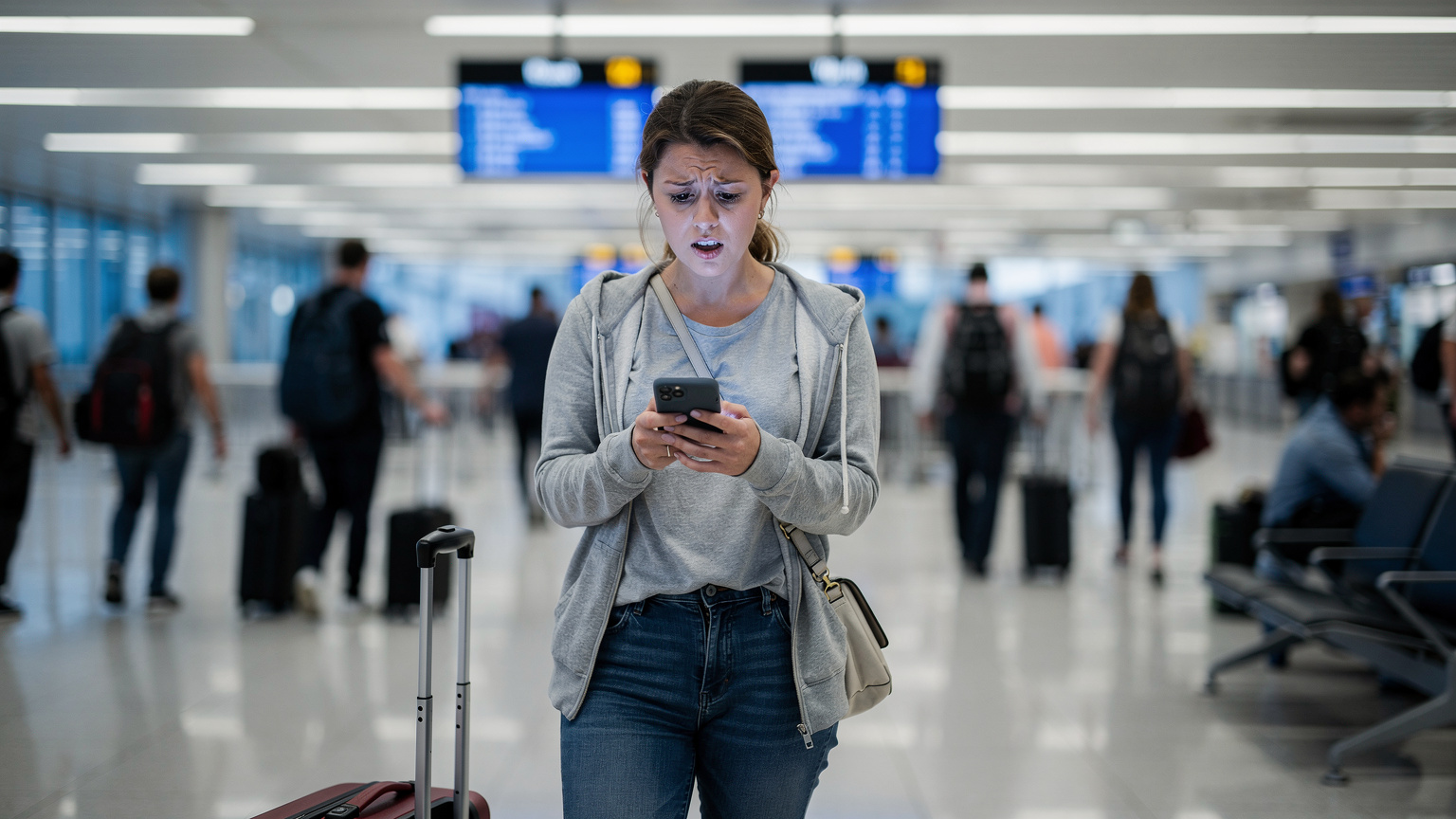 Uma mulher em um aeroporto movimentado, olhando para seu smartphone com uma expressão de preocupação ou frustração, indicando um problema de conectividade.