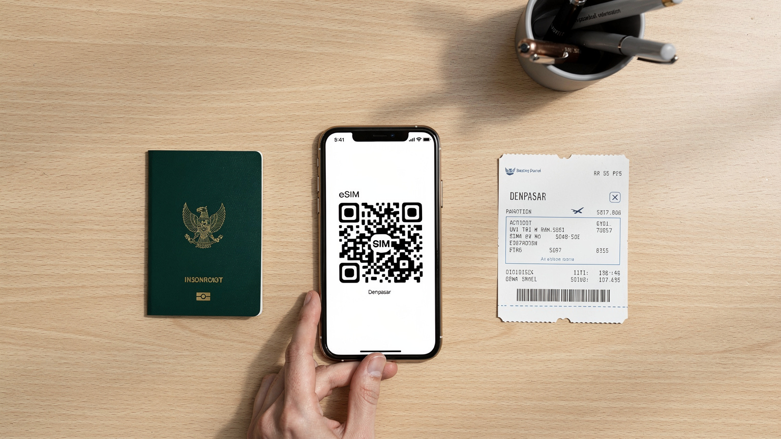 Tampilan layar ponsel yang menunjukkan proses aktivasi eSIM dengan memindai kode QR, di atas meja kerja yang rapi dengan paspor Indonesia dan tiket pesawat.