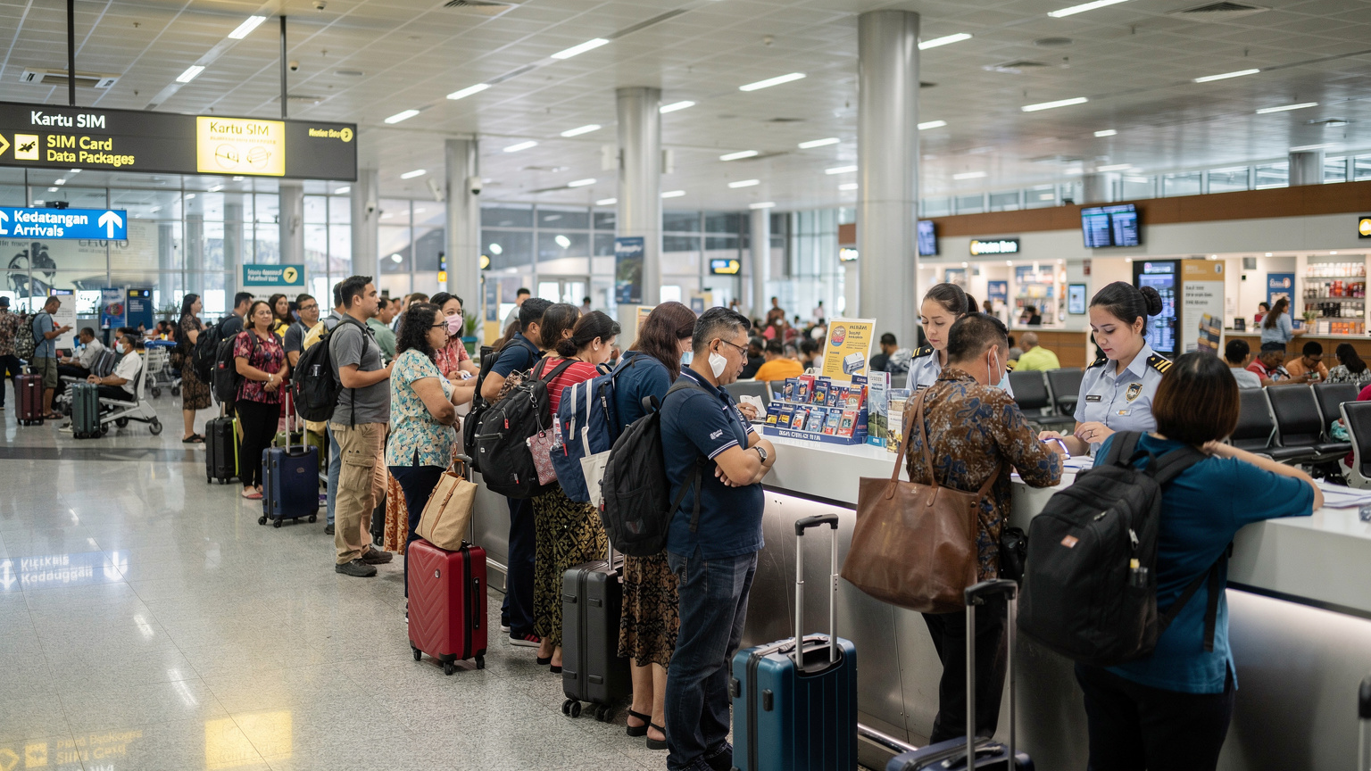 Antrean panjang wisatawan di sebuah konter penjualan SIM card di Bandara Internasional Ngurah Rai, Bali, menunjukkan frustrasi dan keramaian.