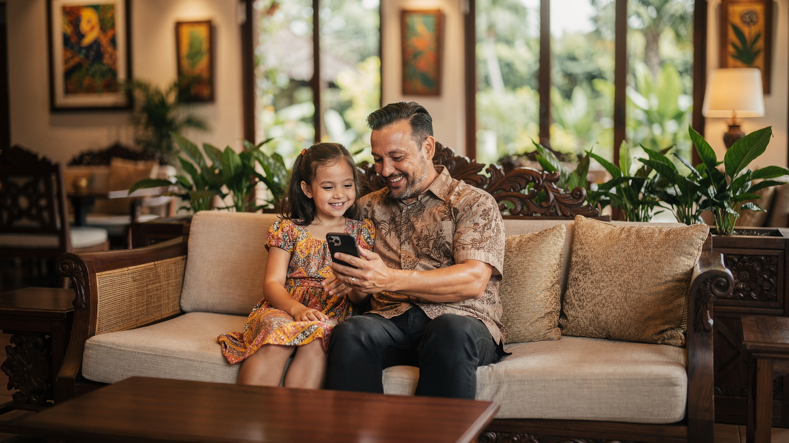 Seorang ayah dan putrinya yang berusia sekitar 8 tahun duduk bersama di lobi hotel yang nyaman di Ubud, keduanya tersenyum saat melihat ponsel mereka, berbagi momen online.