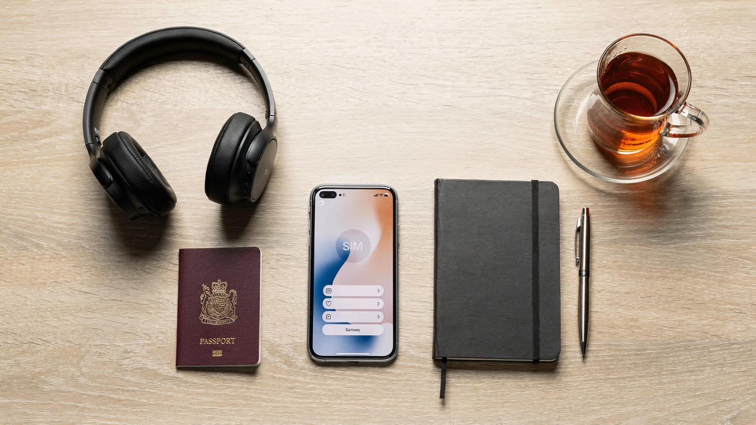 An overhead flat lay of a well-organised travel desk featuring a modern smartphone displaying eSIM settings, a passport, noise-cancelling headphones, a small journal, and a cup of local herbal tea, suggesting a prepared and efficient traveler.