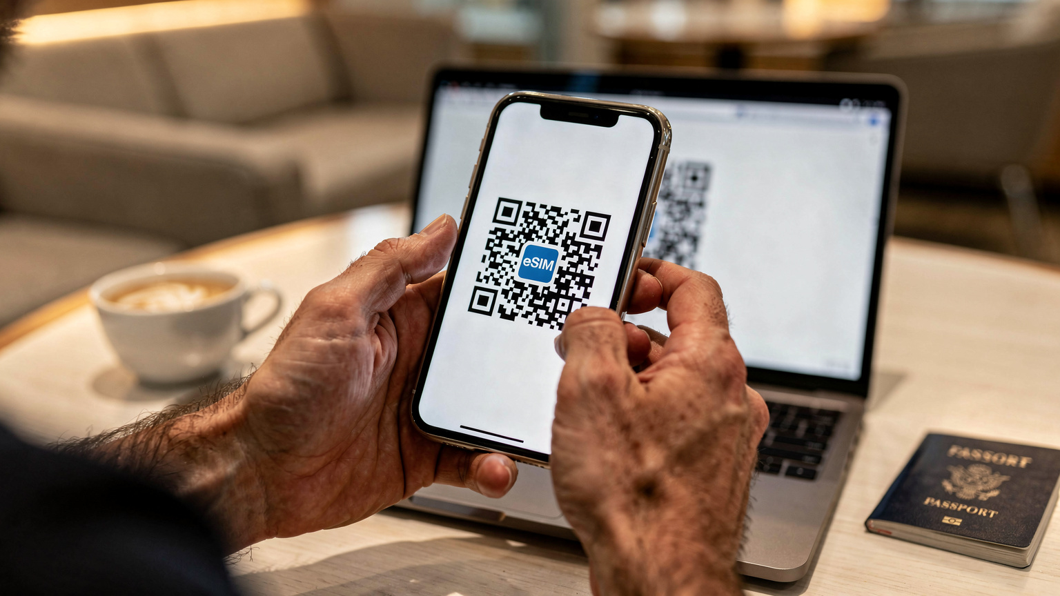 A close-up of a traveler's hands holding an iPhone, scanning an eSIM QR code displayed on a laptop screen, with a cup of coffee and a passport subtly blurred in the background, set in a cozy airport lounge.