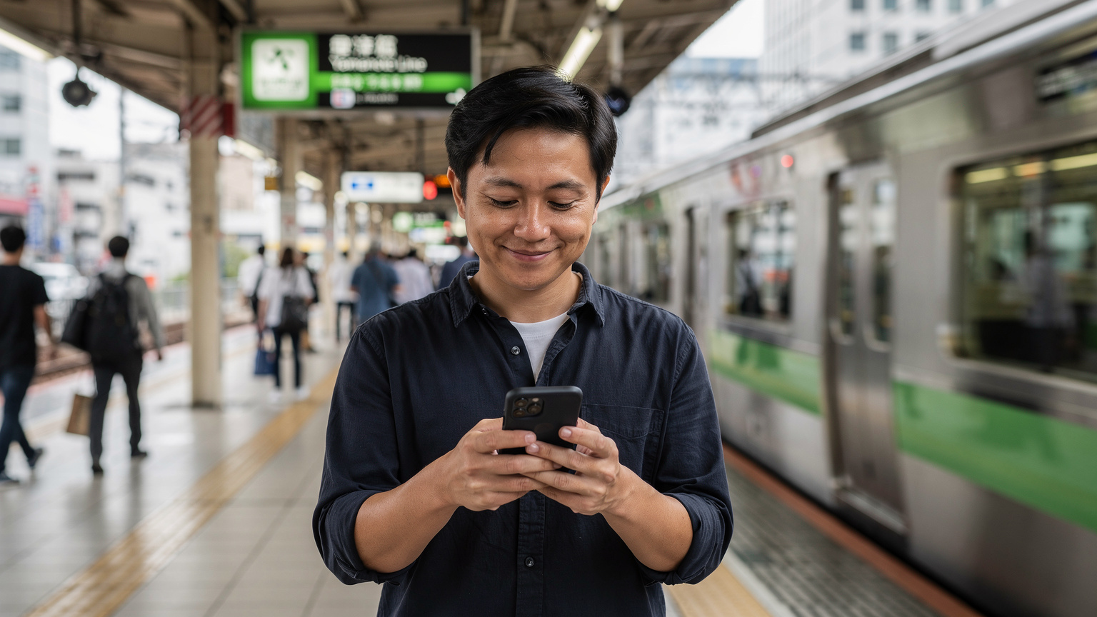 A person standing at a bustling Tokyo Yamanote Line train station platform, looking at their phone with a calm, assured expression, having just activated an eSIM, with the iconic green and white train signage visible in the background.