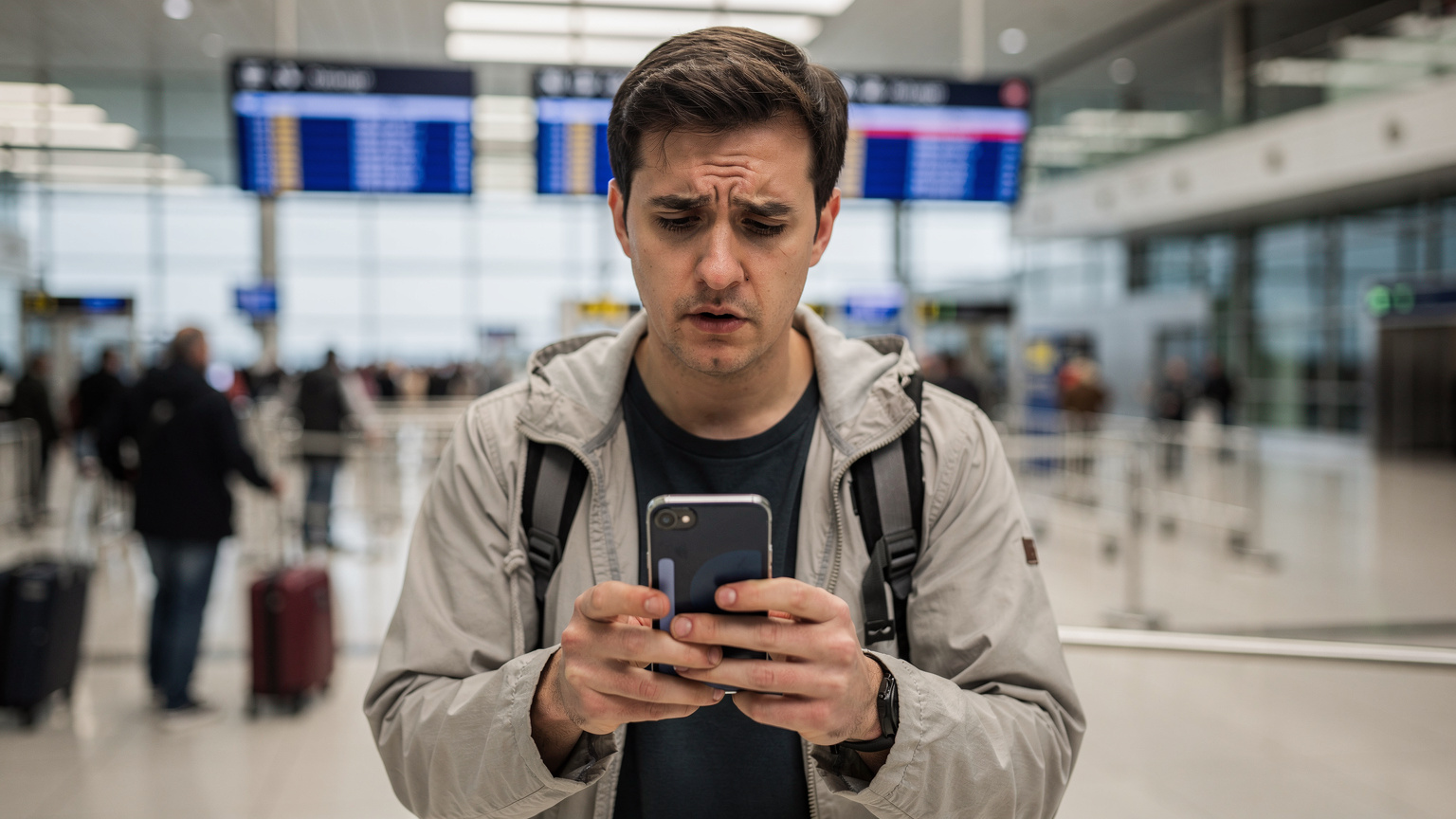 A frustrated traveler, mid-shot, holding a smartphone with a blank screen or error message, standing at an airport arrivals hall, looking around confused, with blurred airport signs and luggage trolleys in the background, conveying a moment of connectivity trouble.