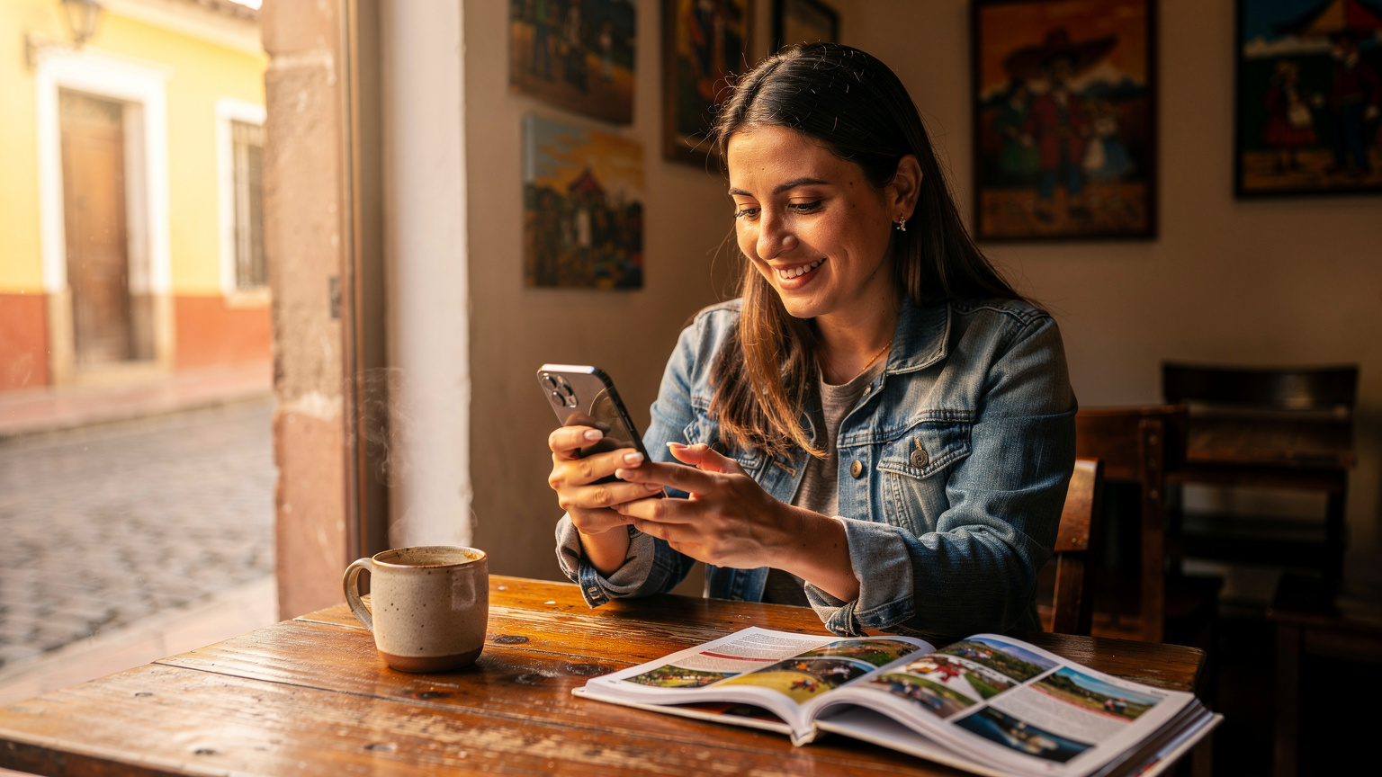 Uma mulher sorrindo em um café acolhedor em Cuenca, Equador, enquanto configura um eSIM em seu smartphone, com uma xícara de café e um guia de viagem na mesa.
