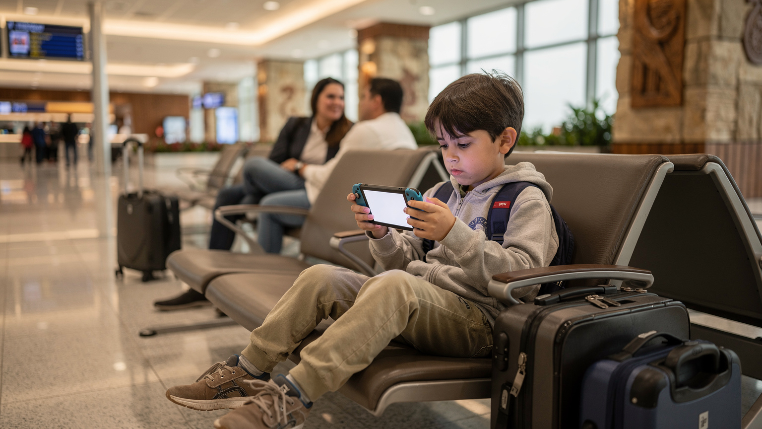 Uma criança de 8 anos concentrada, jogando um jogo offline em um Nintendo Switch, sentada em uma cadeira no saguão de um aeroporto equatoriano movimentado, enquanto seus pais conversam por perto.