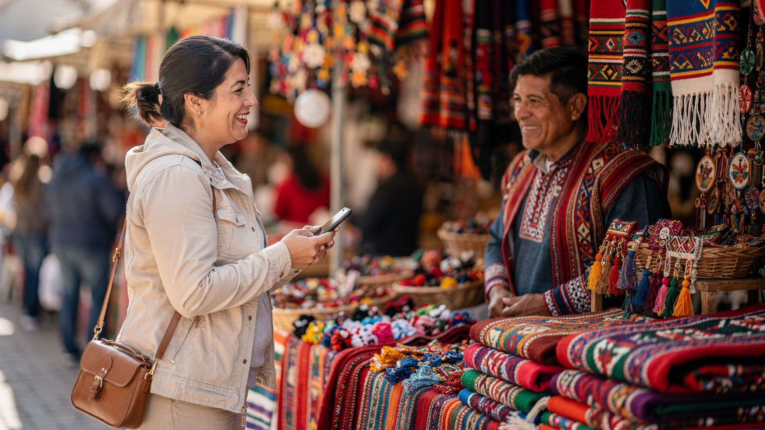 Uma mulher sorridente em um mercado vibrante em Otavalo, Equador, segurando seu telefone com um aplicativo de tradução aberto, interagindo amigavelmente com um vendedor local de artesanato.