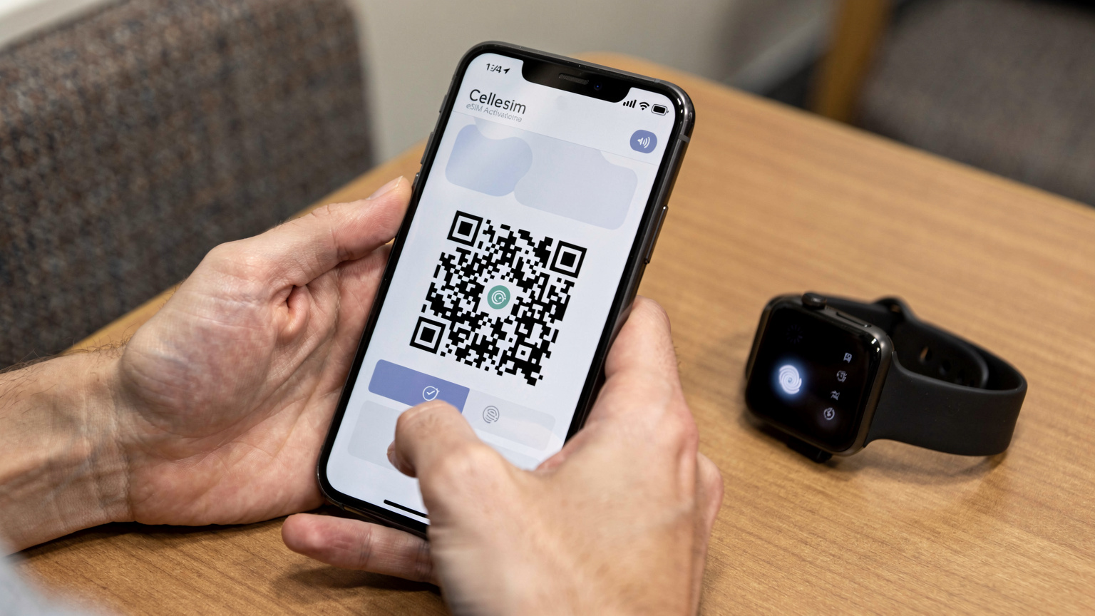 Nærbilde av en hånd som holder en iPhone med Cellesim-appen åpen, klar til å skanne en QR-kode for eSIM-aktivering, med en Apple Watch liggende ved siden av.