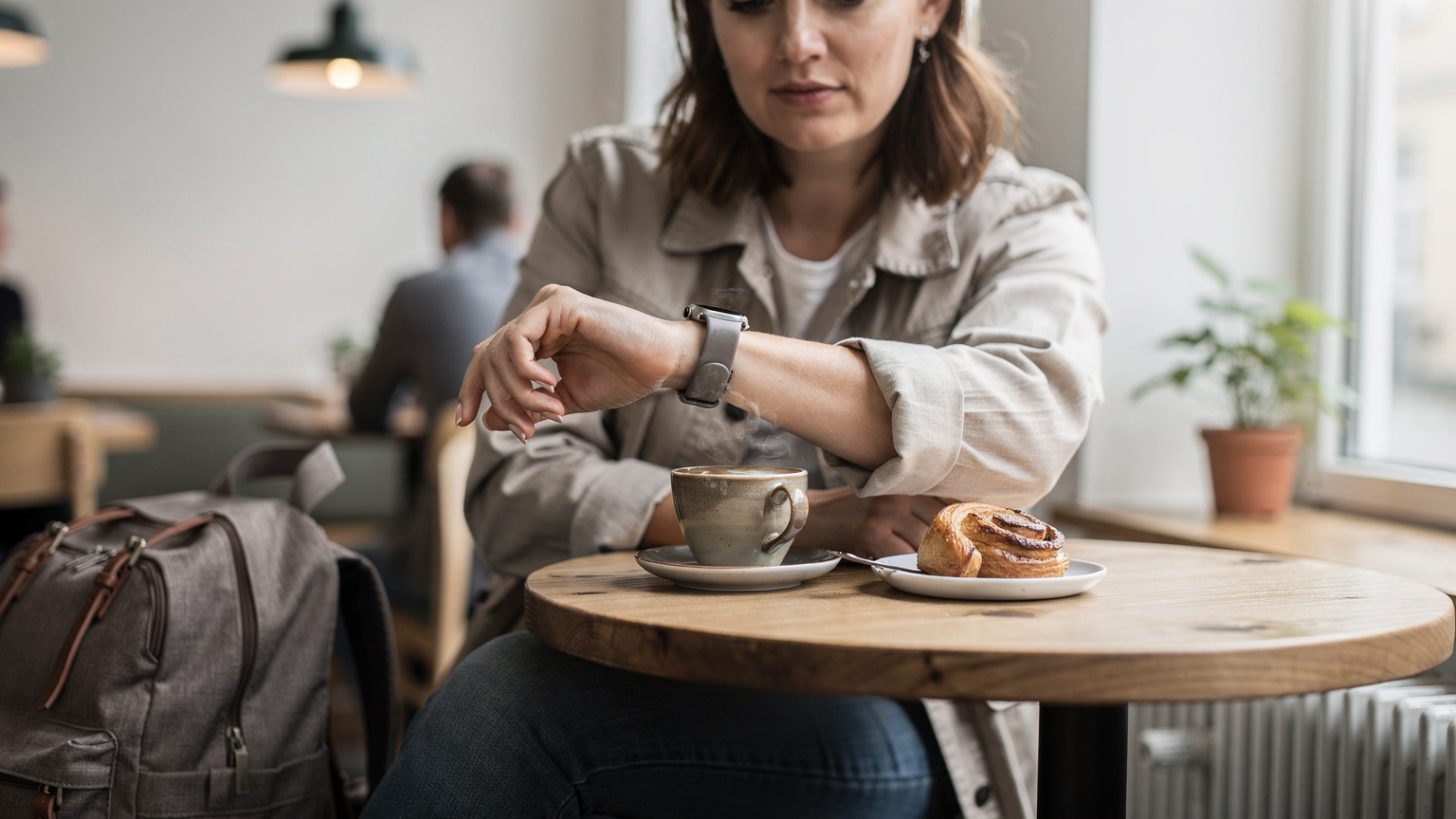 En reisende sjekker en notifikasjon på sin Apple Watch mens hun nyter en kopp kaffe på en minimalistisk kafé i København.