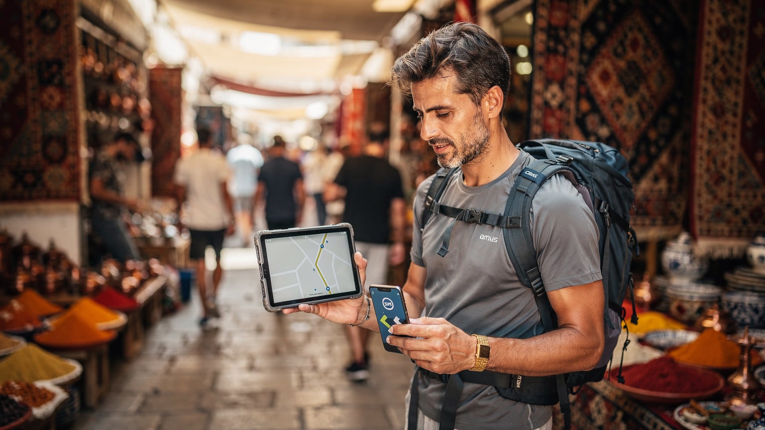 Ένας backpacker διαβάζει χάρτη σε tablet, ενώ το κινητό του με eSIM εμφανίζει οδηγίες, σε ένα πολύχρωμο παζάρι στην Τουρκία, με πλήθος κόσμου και πάγκους στο βάθος.