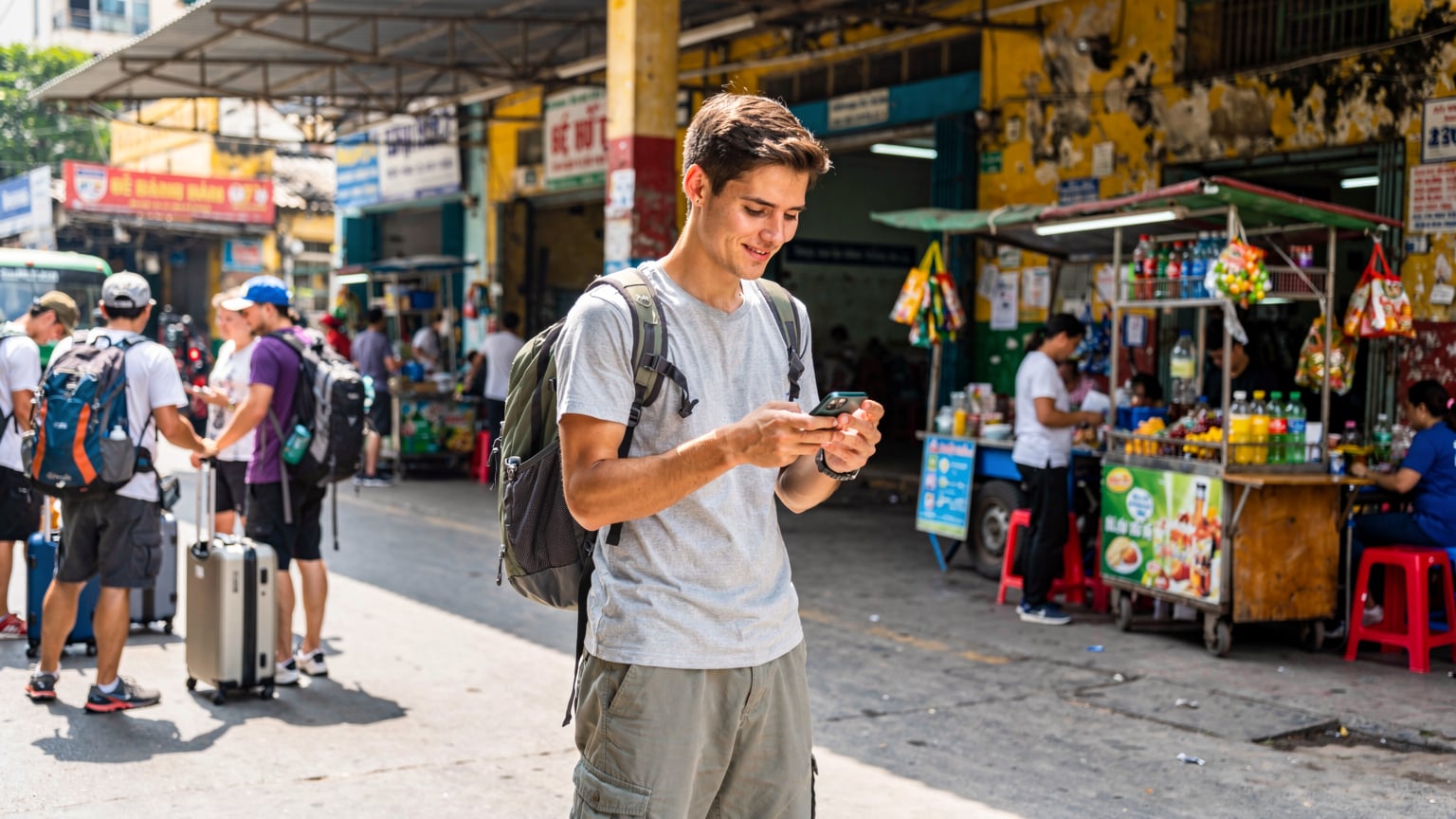A traveler confidently checks their smartphone at a busy bus station in Hanoi, Vietnam, showing they are connected even after crossing a border.