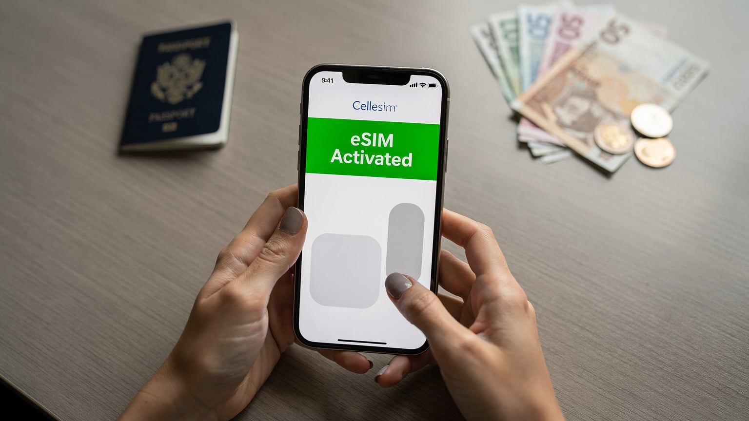 A woman's hands holding a smartphone, with the screen displaying a Cellesim app interface showing 'eSIM Activated' in a green banner.