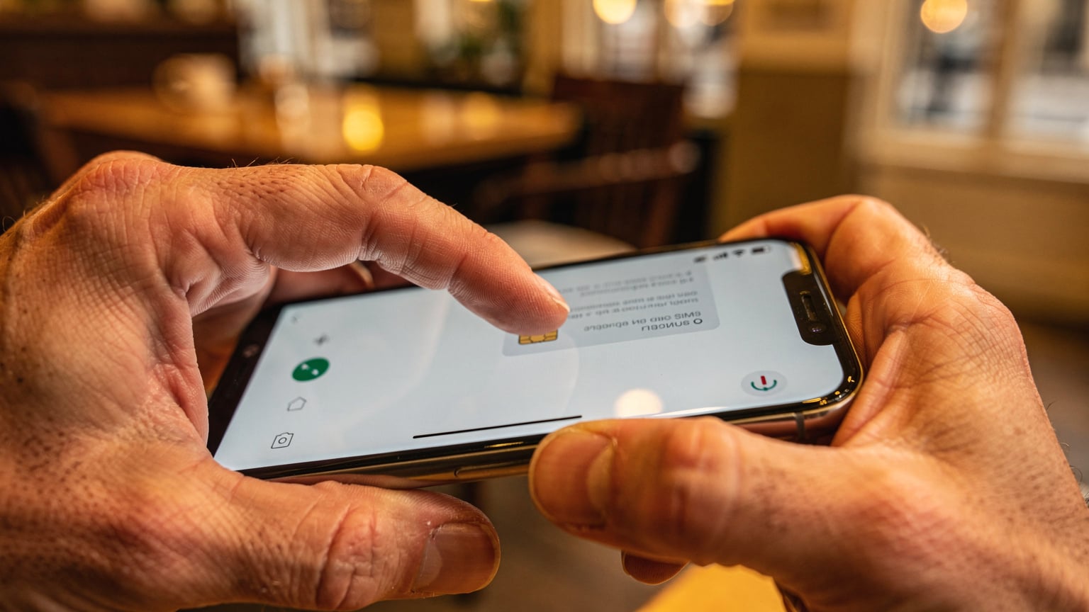 Hands interacting with a smartphone screen to activate an eSIM, showing the gesture of tapping to confirm settings.