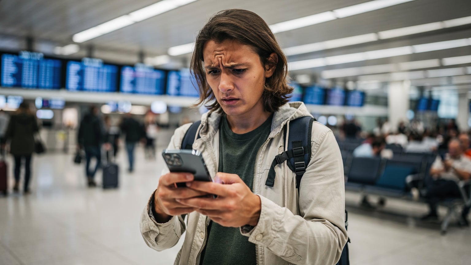 A person looking confused and slightly frustrated at their smartphone screen in a crowded, brightly lit airport terminal.