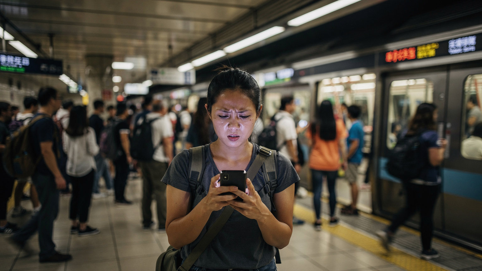 一位旅客在香港繁忙的港鐵站台上,焦慮地查看手機,周圍人流如織,背景是港鐵列車進站的屏幕。