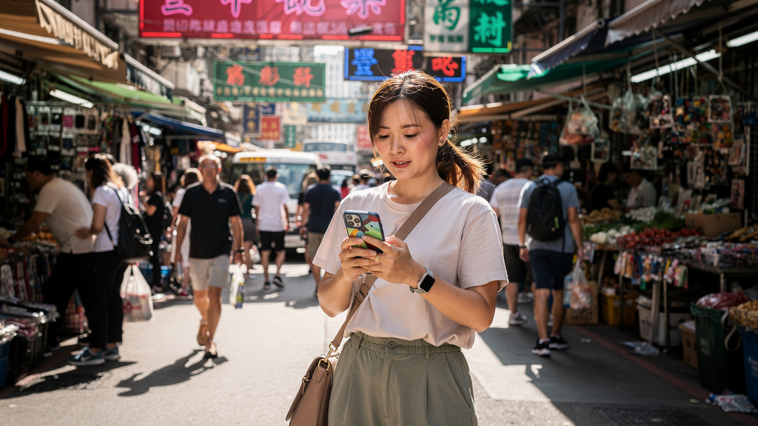 一位女士在香港繁忙的街頭,手持手機,屏幕顯示著地圖,周圍有市場攤位和行人,展現出尋路或定位的情景。