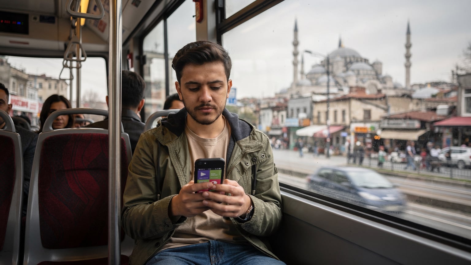 Bir seyahatsever, İstanbul'da hareketli bir tramvayda telefonundaki eSIM uygulamasını kontrol ediyor. Dışarıda tarihi Yarımada'nın silüeti görünüyor.