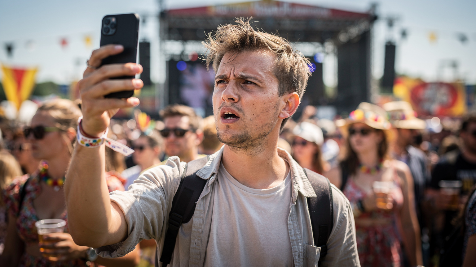 Ein Festivalbesucher schaut besorgt auf sein Smartphone, umgeben von einer großen Menschenmenge, während er versucht, eine Verbindung herzustellen.
