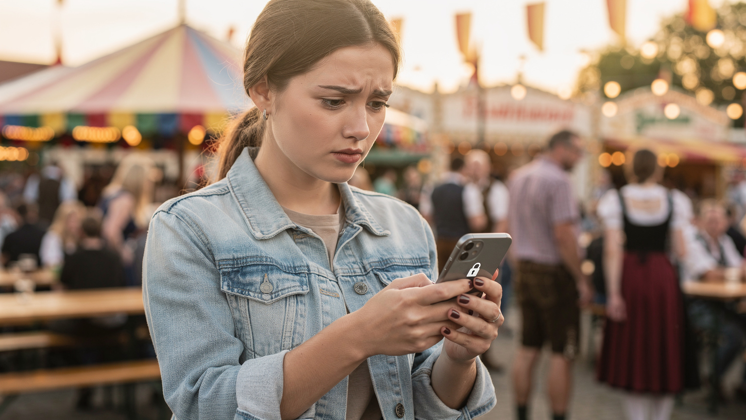 Eine nachdenkliche Person schaut auf ihr Smartphone, das ein Schloss-Symbol und eine Datenschutz-Benachrichtigung anzeigt, im Hintergrund sind Festivalbesucher zu sehen.