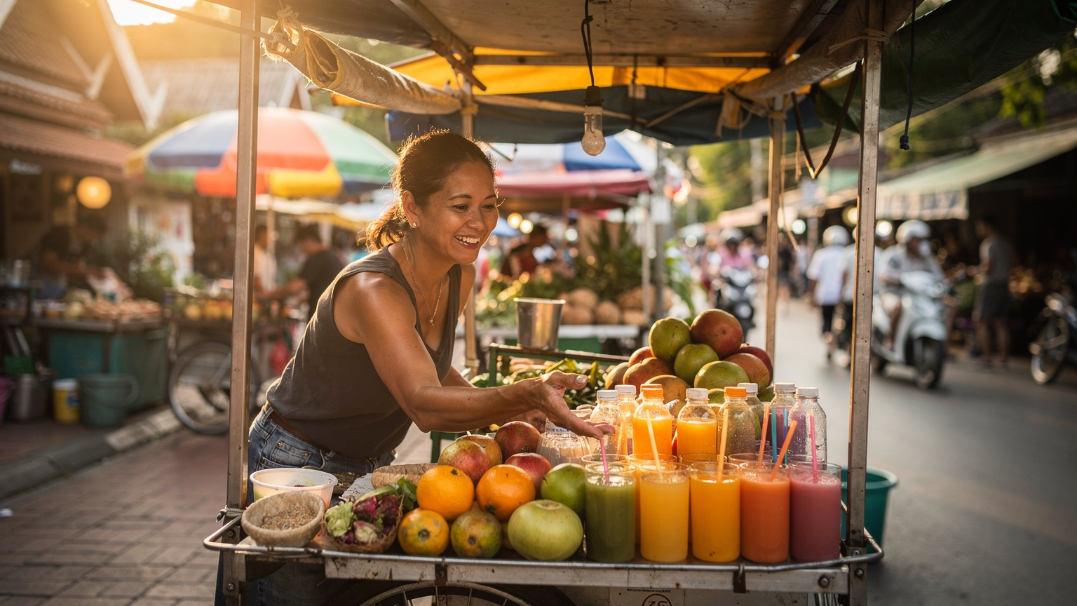 Une vendeuse souriante proposant des fruits frais et des jus dans un marché de rue animé à Chiang Mai, Thaïlande, sous un éclairage doux en fin d'après-midi.