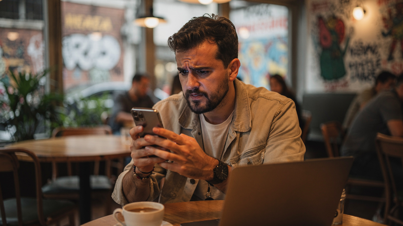 Ein Digitaler Nomade sitzt besorgt in einem Café in São Paulo, das Smartphone in der Hand, die Stirn gerunzelt, während er auf den Bildschirm blickt, möglicherweise wegen schlechter Verbindung oder eines technischen Problems.