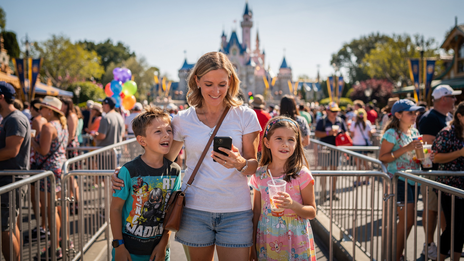 Uśmiechnięta matka z dziećmi patrzy na telefon w ręku, stojąc w kolejce do atrakcji w Disneylandzie w Kalifornii, z tłumem ludzi i zamkiem w tle.