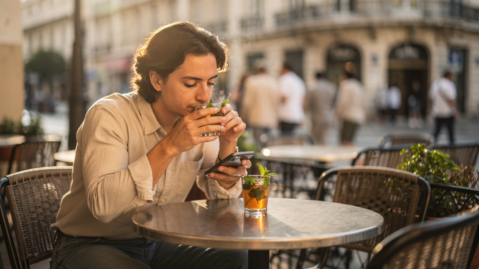 A person enjoying a traditional Algerian mint tea in a bustling Algiers cafe, discreetly checking their phone with a calm expression, suggesting reliable connectivity.