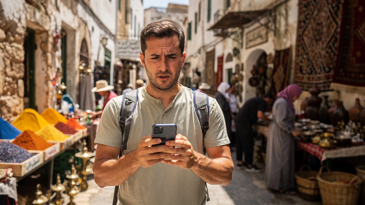 A traveler looking concerned at their phone, possibly due to a connectivity issue, against the backdrop of a traditional Algerian market.